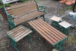 A GARDEN BENCH WITH CAST ENDS TOGETHER WITH A SMALLER BENCH SIDE TABLES ETC (5)