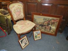AN UPHOLSTERED BEDROOM CHAIR PLUS THREE TAPESTRY PICTURES (4)