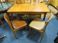 A RETRO TEAK EXTENDING DINING TABLE AND THREE CHAIRS - TABLE H 75 CM, L 130 CM EXTENDED L 180 CM