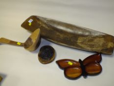A LARGE NORTH AMERICAN WOODEN LADLE, WOODEN DOUGH BOWL, BUTTERFLY SHAPED DISH AND A HOLY LAND CARVED