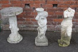 A TREE EFFECT BIRD BATH TOGETHER WITH A GARDEN FIGURE PLUS ANOTHER LARGEST-74 CM (3)