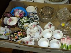 A TRAY OF CHINA TO INCLUDE ROYAL ALBERT PROVINCIAL FLOWERS AND LAVENDER ROSE, CUT GLASS ETC.