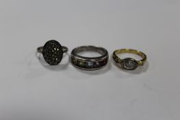 A MULTI GEM STONE SILVER DRESS RING, TOGETHER WITH A SILVER GILT EXAMPLE AND A SILVER AND