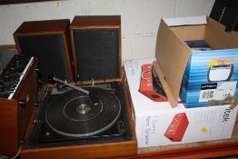 A McDONALD TURNTABLE, PRINZSOUND STEREO AMPLIFIER, MODERN PORTABLE RECORD PLAYER, CAMERAS ETC