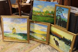 FIVE ASSORTED OIL PAINTINGS OF LANDSCAPES AND RIVER SCENES, TO INCLUDE GILT FRAMED EXAMPLES