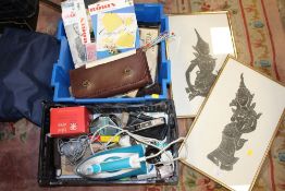 TWO BOXES OF ASSORTED SUNDRIES TO INCLUDE VINTAGE NEWSPAPERS, KNITTING ITEMS EASTERN CHARCOAL RUBS