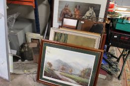 A COLLECTION OF ASSORTED PICTURES, PRINTS AND MIRRORS TO INCLUDE BEVEL EDGED WALL MIRRORS, THREE