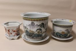 THREE MODERN HAND PAINTED ORIENTAL CERAMIC PLANTERS, LARGEST DIA. 27 CM