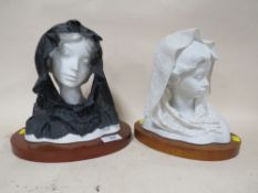 TWO LLADRO STYLE CERAMIC BUSTS OF LADIES IN VEILS - BOTH WITH LOSSES TO VEILS