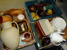 THREE TRAYS OF CERAMICS AND STONEWARE TO INCLUDE KILN CRAFT TEA WARE