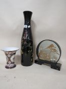 AN ORIENTAL CARVED CORK DIORAMA TOGETHER WITH A CERAMIC VASE AND ANOTHER (3)