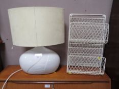 A MODERN BELLEEK TABLE LAMP WITH SHADE, WITH TWO WIREWORK PAPER HOLDERS (3)