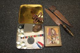 A BOX OF COLLECTABLES TO INCLUDE AN EASTERN STYLE KNIFE ETC