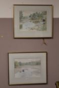 A PAIR OF GILT FRAMED AND GLAZED WATERCOLOURS DEPICTING RIVER/ESTUARY SCENES WITH MOORED BOATS BY