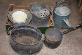 TWO TRAYS OF BUCKETS POTS WATER CAN ETC