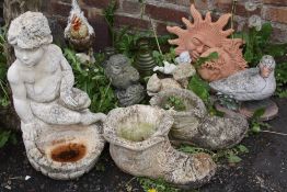 AN ASSORTMENT OF GARDEN ORNAMENTS ETC TO INCLUDE AN OWL, 2 BOOT PLANTERS, BIRD BATH BASE, FIGURAL