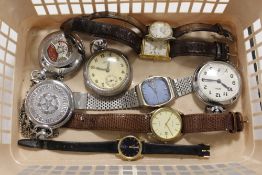 A BOX OF ASSORTED WRISTWATCHES AND POCKET WATCHES