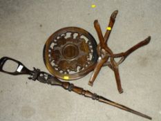AN AFRICAN FOLDING TRIPOD TABLE AND AN AFRICAN WALKING STICK (2)