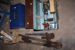 TWO LARGE WRENCHES AND A PAIR OF BOLT CUTTERS, CASED WOLF PLANER, 2 METAL BOXES ETC