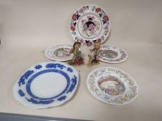THREE ROYAL DOULTON BRAMBLY HEAD PLATES TOGETHER WITH TWO OTHER PLATES AND TWO GOEBEL FIGURES