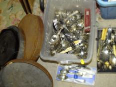 A QUANTITY OF FLATWARE TOGETHER WITH TWO METAL CASED VINTAGE FILM REELS