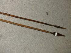 TWO NINETEENTH CENTURY SOUTH AFRICAN ZULU ASSEGAI SPEARS, BOTH BADLY BROKEN IN TWO