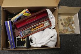 A BOX OF COLLECTABLES TO INCLUDE HARMONICAS ETC