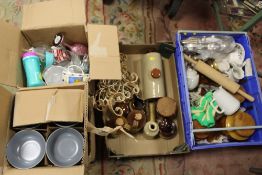 FOUR BOXES OF CERAMICS AND STONEWARE ETC. TO INCLUDE SMALL FLAGONS