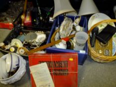 THREE BOXES AND A BASKET OF ASSORTED CERAMICS AND SUNDRIES TO INCLUDE BAROMETERS, AND MODERN