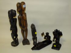 THREE WEST AFRICAN TRIBAL ART CARVED FIGURES AND TWO ASIAN FISHERMAN CARVINGS (5)