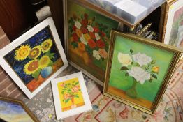 FIVE STILL LIFE STUDY OIL PAINTINGS OF FLOWERS IN VASES