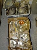 TWO TRAYS OF MOSTLY SILVER PLATED METALWARE