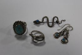 A COLLECTION OF STERLING SILVER AND WHITE METAL SNAKE SHAPED JEWELLERY, TOGETHER WITH A SILVER AND