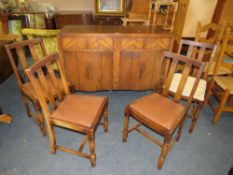 A VINTAGE OAK SIDEBOARD W-122 CM AND FOUR CHAIRS