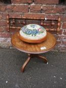 A SMALL MAHOGANY TABLE, MODERN FOOTSTOOL AND ANTIQUE COAT HOOKS (3)