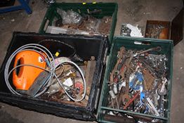 THREE BOXES OF MIXED TOOLS ETC TO INCLUDE SPANNERS AND DRILL BITS ETC