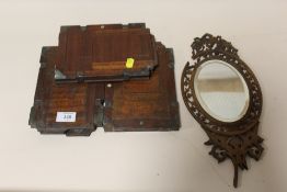 A TUNBRIDGEWARE INLAID PIERCED MAHOGANY MIRROR WITH FIGURAL INLAY TO REVERSE A/F TOGETHER WITH THREE