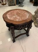 A CHINESE HARDWOOD OCCASIONAL TALE WITH ROUX MARBLE TOP AND STYLISED BIRD LEGS