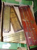 THREE VINTAGE CRIBBAGE BOARDS TOGETHER WITH A LAWSONS BILLIARDS SCORE BOARD
