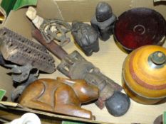 A BOX OF EASTERN CARVED TREEN, STONEWARE ETC. TO INCLUDE A RABBIT SHAPED STORAGE BOX
