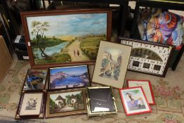 A COLLECTION OF PICTURES AND PRINTS TO INCLUDE AN OIL ON CANVAS AND SOUTHERN COMFORT ADVERTISING