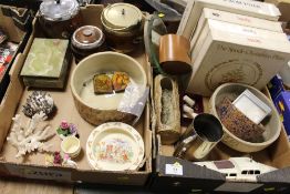 TWO TRAYS OF CERAMICS AND COLLECTABLES TO INCLUDE BISCUIT BARRELS, COLLECTORS PLATES ETC.