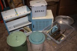 A MIXTURE OF VINTAGE ENAMEL ITEMS ETC TO INCLUDE A MEAT LOCKER, BREAD BIN, KITCHEN ITEMS ETC