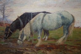 (XX). A windy wooden landscape with two work horses feeding, unsigned, oil on board, framed, 18 x 21