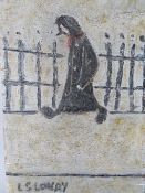 AFTER LAURENCE STEPHEN LOWRY (1887-1976). Street scene with solitary figure walking by railing,