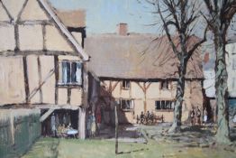 JAMES LONGUEVILLE (B. 1942). A town square garden scene with figures in Shrewsbury, signed lower