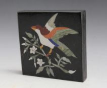 A PIETRA DURA DESK WEIGHT, inlaid with a bird on a branch, W 10 cm