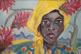 (XX). Study of a young African woman, mountains beyond, indistinctly signed lower left,