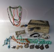 A VINTAGE JEWELLERY BOX AND CONTENTS, to include five silver and hallmarked fob medals - some boxing