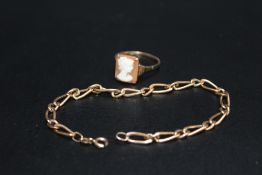 A HALLMARKED 9 CARAT GOLD BRACELET, A/F, approx weight 3.3g, together with a 9ct cameo ring,
